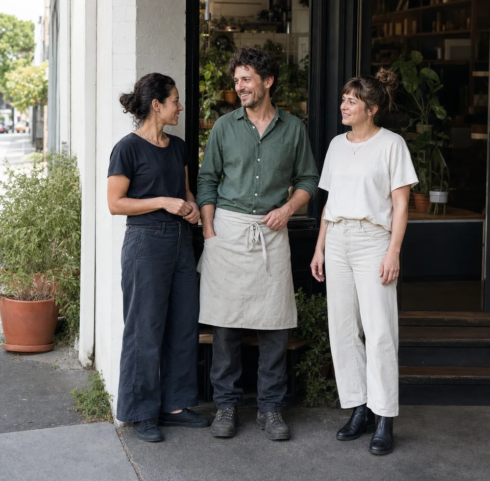 Three staff members chatting outside their local business
